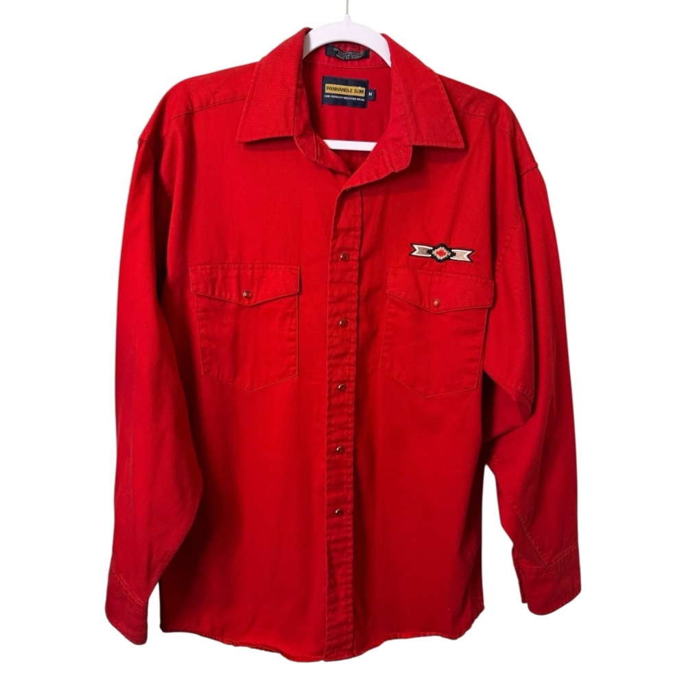 Vintage Panhandle Slim Red Western Pearl Snap Shirt Men’s M Embroidered Aztec